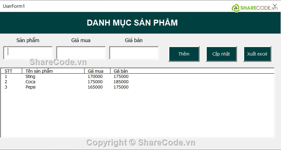 quản lý bán nước VBA,Quản lý bán hàng VBA,Code VBA quản lý bán hàng